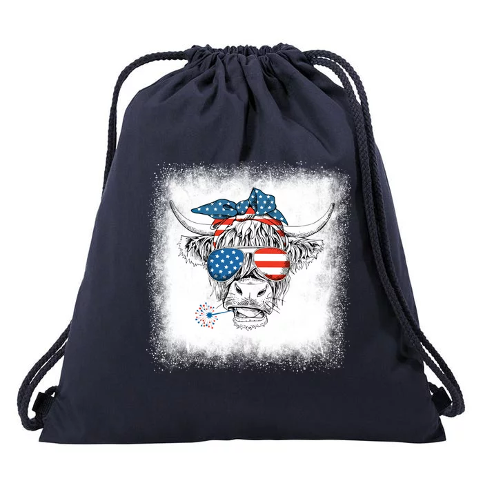 Bleached Highland Cow American Flag Patriotic 4th Of July Great Gift Drawstring Bag