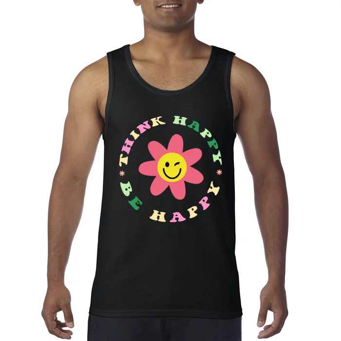 Be Happy Cute Daisy Smile Face Pink Flower Retro Groovy Tank Top