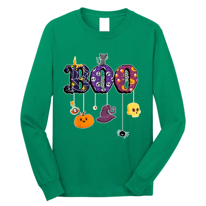 Boo Halloween Costume Spiders Ghosts Pumkin & Witch Hat Long Sleeve Shirt