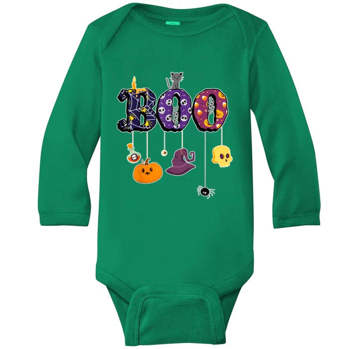 Boo Halloween Costume Spiders Ghosts Pumkin & Witch Hat Baby Long Sleeve Bodysuit