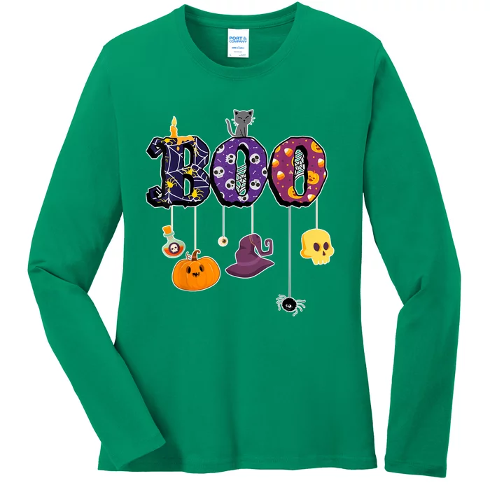 Boo Halloween Costume Spiders Ghosts Pumkin & Witch Hat Ladies Long Sleeve Shirt