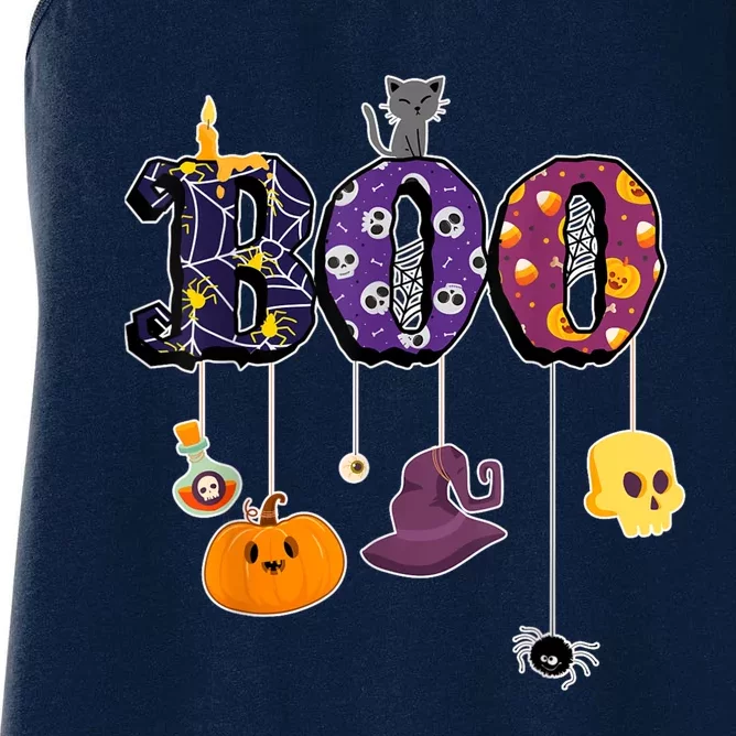 Boo Halloween Costume Spiders Ghosts Pumkin & Witch Hat Women's Racerback Tank