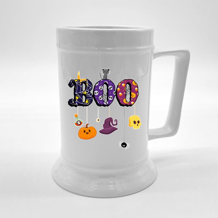 Boo Halloween Costume Spiders Ghosts Pumkin & Witch Hat Front & Back Beer Stein