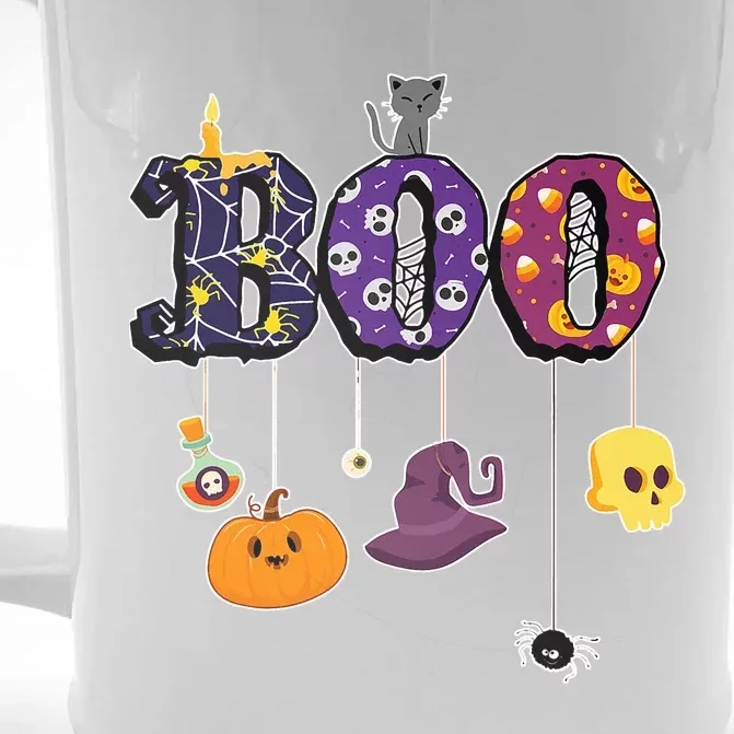 Boo Halloween Costume Spiders Ghosts Pumkin & Witch Hat Front & Back Beer Stein