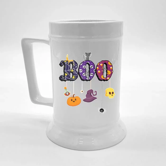 Boo Halloween Costume Spiders Ghosts Pumkin & Witch Hat Front & Back Beer Stein