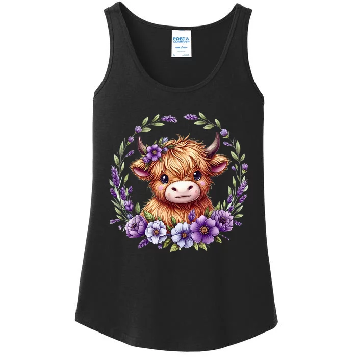 Baby Highland Cow With Purple Flowers Scottish Farm Gift Ladies Essential Tank