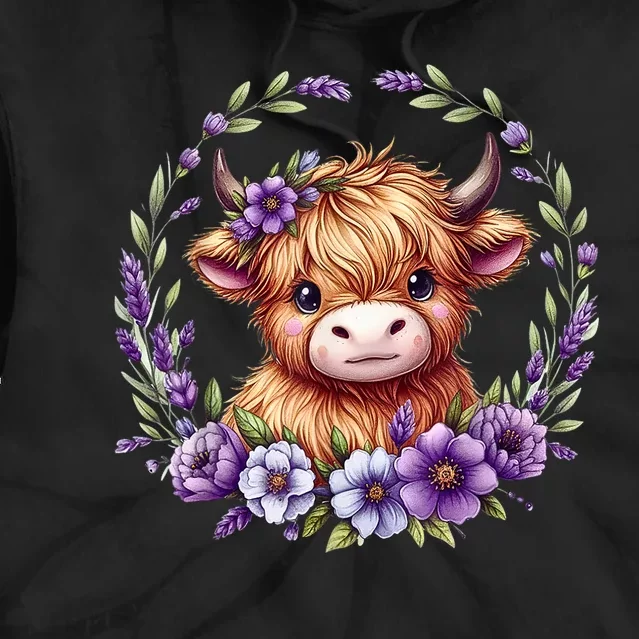 Baby Highland Cow With Purple Flowers Scottish Farm Gift Tie Dye Hoodie