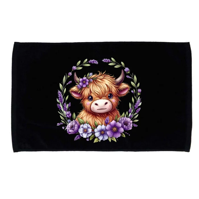 Baby Highland Cow With Purple Flowers Scottish Farm Gift Microfiber Hand Towel