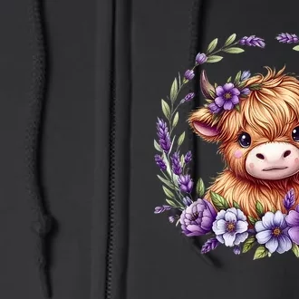 Baby Highland Cow With Purple Flowers Scottish Farm Gift Full Zip Hoodie