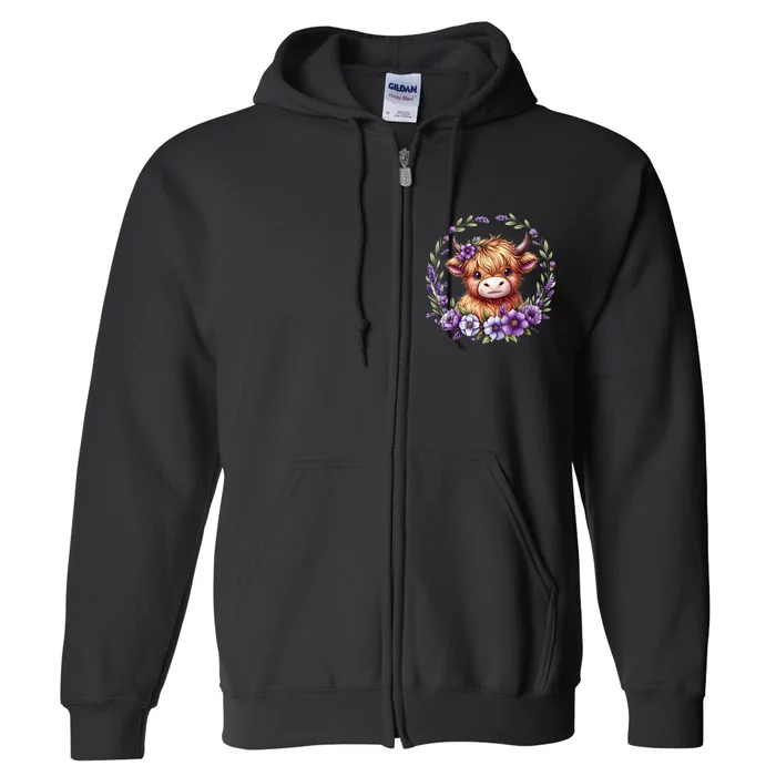 Baby Highland Cow With Purple Flowers Scottish Farm Gift Full Zip Hoodie