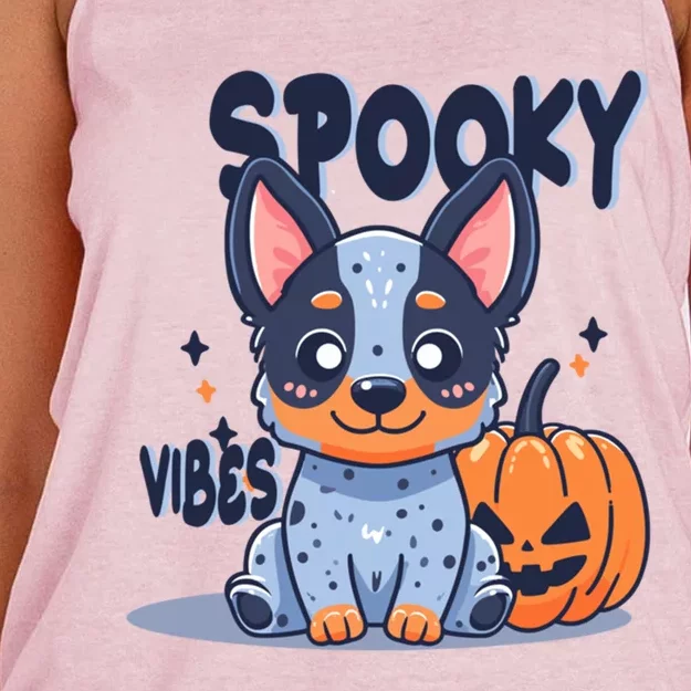 Blue Heeler Cattle Dog Halloween Pumpkin Spooky Vibes Gift Women's Knotted Racerback Tank