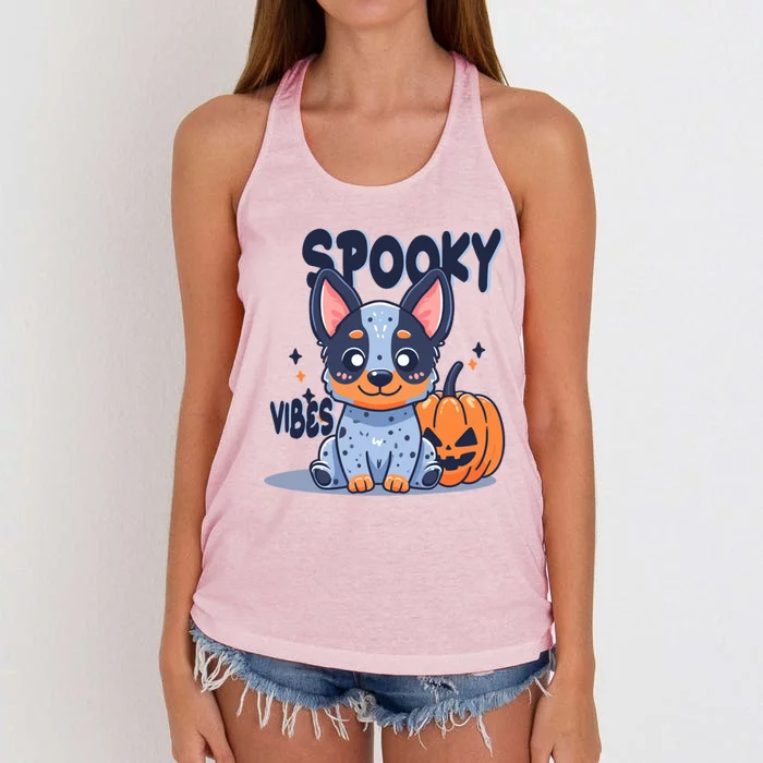 Blue Heeler Cattle Dog Halloween Pumpkin Spooky Vibes Gift Women's Knotted Racerback Tank