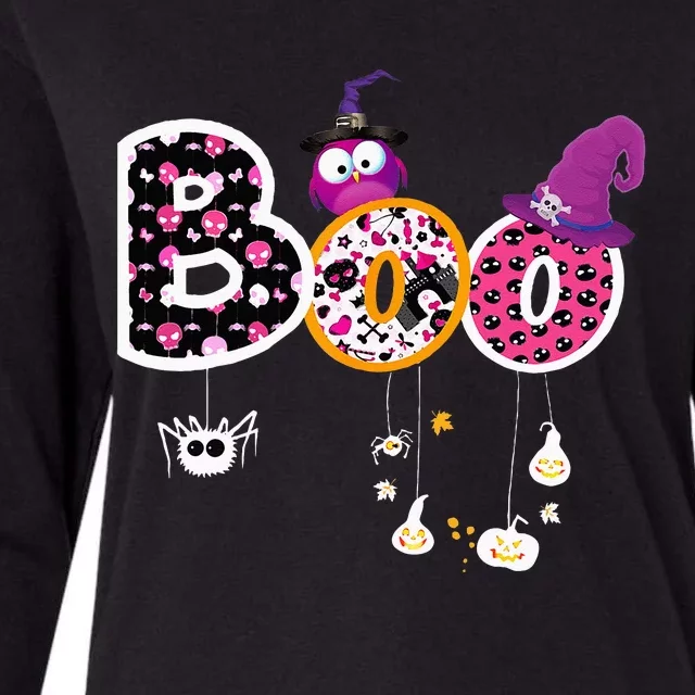 Boo Halloween Costume Spiders Ghosts Pumkin & Witch Hat Womens Cotton Relaxed Long Sleeve T-Shirt