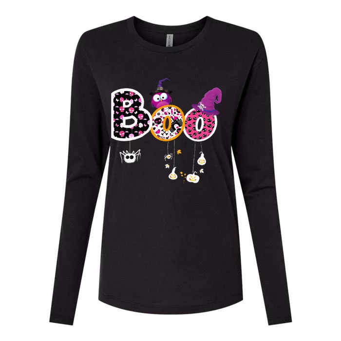 Boo Halloween Costume Spiders Ghosts Pumkin & Witch Hat Womens Cotton Relaxed Long Sleeve T-Shirt