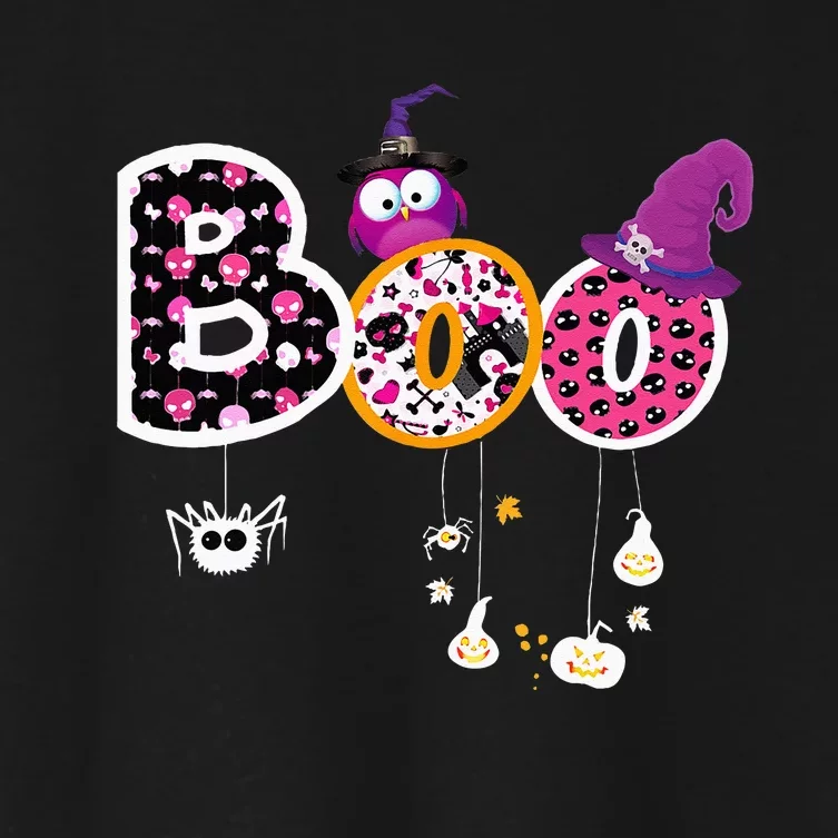 Boo Halloween Costume Spiders Ghosts Pumkin & Witch Hat Women's Crop Top Tee