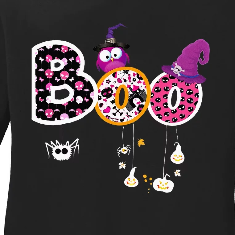 Boo Halloween Costume Spiders Ghosts Pumkin & Witch Hat Ladies Long Sleeve Shirt