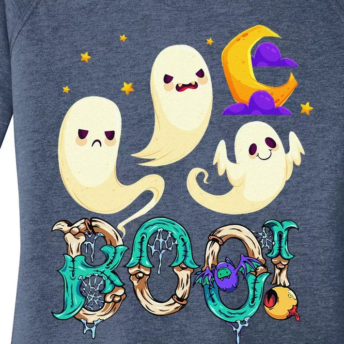 Boo! Halloween Cute Ghost Spooky Halloween Ghost Cat Apparel Women's Perfect Tri Tunic Long Sleeve Shirt