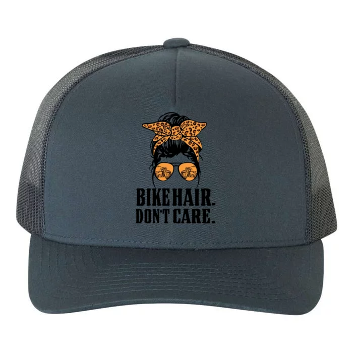 Bike Hair Don't Care Leopard Motorcycle Messy Bun Biker Life Cool Gift Yupoong Adult 5-Panel Trucker Hat