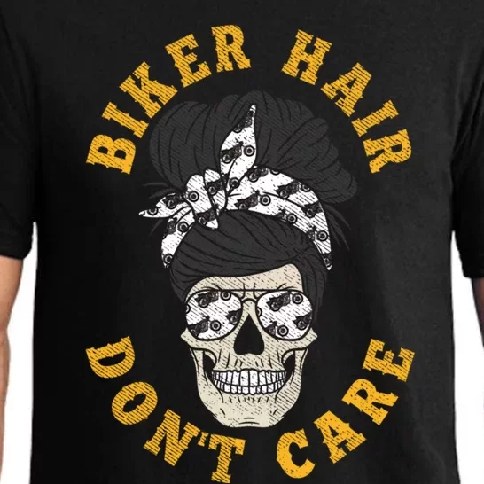 Biker Hair Don't Care Cool Gift Bike Lovers Messy Bun Gift Pajama Set