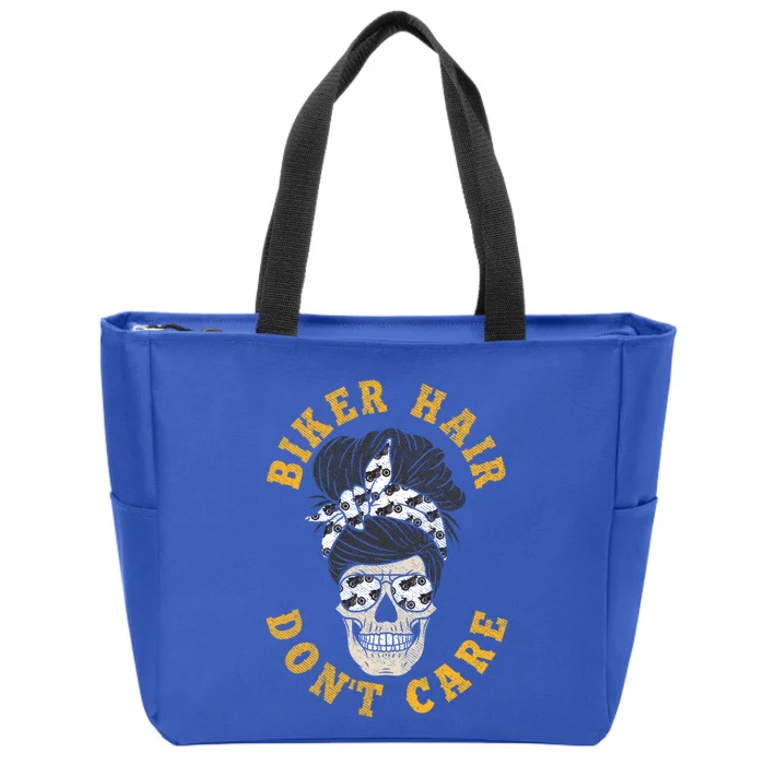 Biker Hair Don't Care Cool Gift Bike Lovers Messy Bun Gift Zip Tote Bag