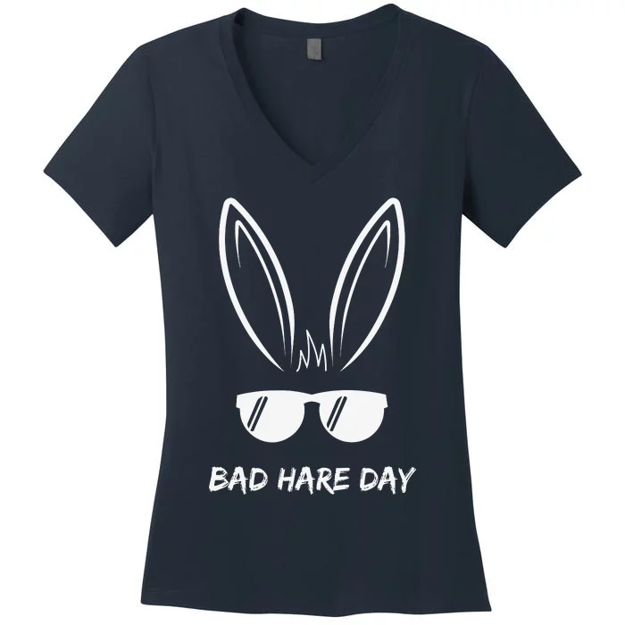 Bad Hare Day Funny Bunny Rabbit Design Glasses Cool Meme Pun Women's V-Neck T-Shirt