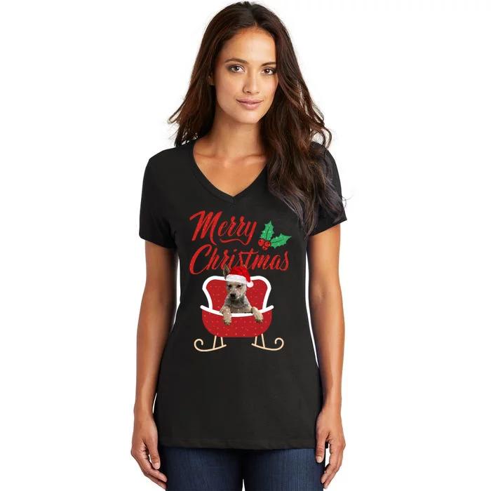 Blue Heeler Dog Merry Christmas Design For The Holiday Season! Women's V-Neck T-Shirt