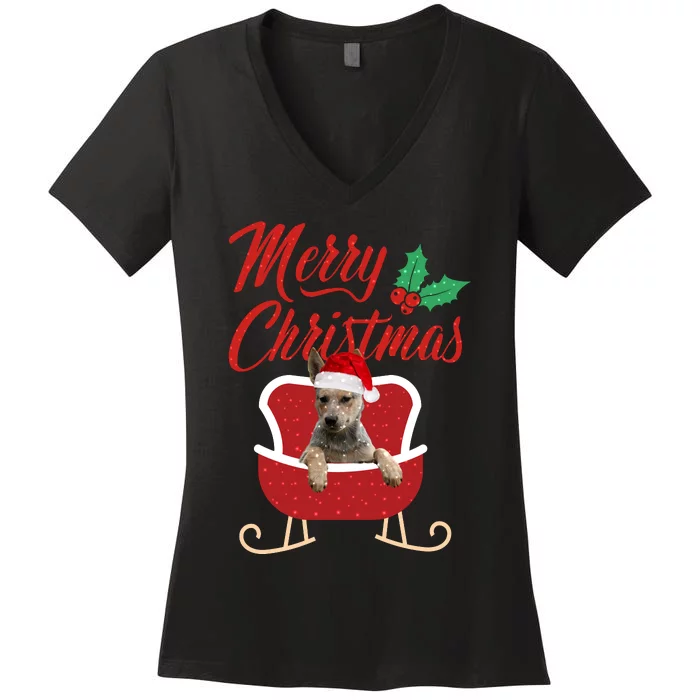 Blue Heeler Dog Merry Christmas Design For The Holiday Season! Women's V-Neck T-Shirt