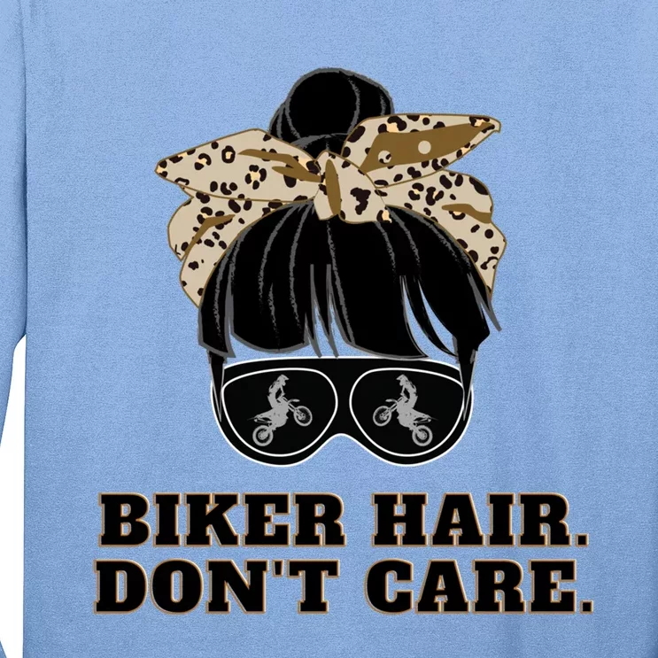 Biker Hair Don't Care For Bike Lovers Messy Bun Mothers Day Cute Gift Long Sleeve Shirt