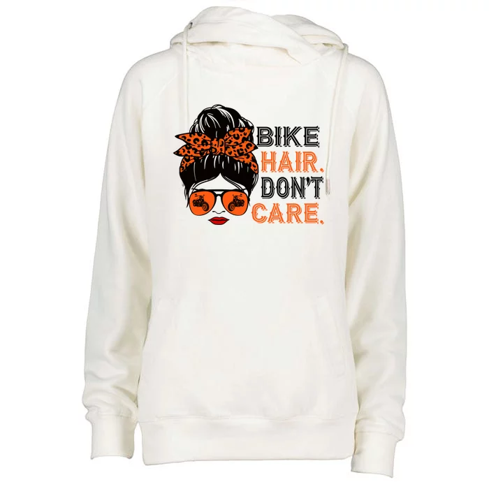 Biker Hair Don't Care For Bike Lovers Messy Bun Mother's Day Gift Womens Funnel Neck Pullover Hood