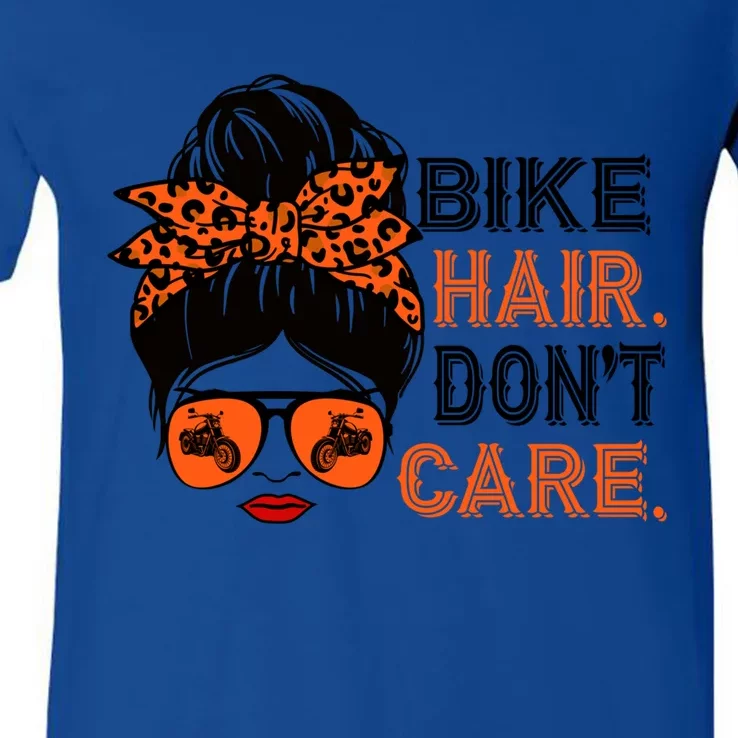 Biker Hair Don't Care For Bike Lovers Messy Bun Mother's Day Gift V-Neck T-Shirt