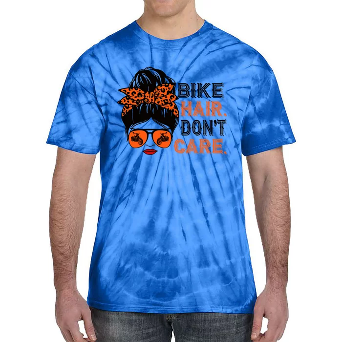 Biker Hair Don't Care For Bike Lovers Messy Bun Mother's Day Gift Tie-Dye T-Shirt