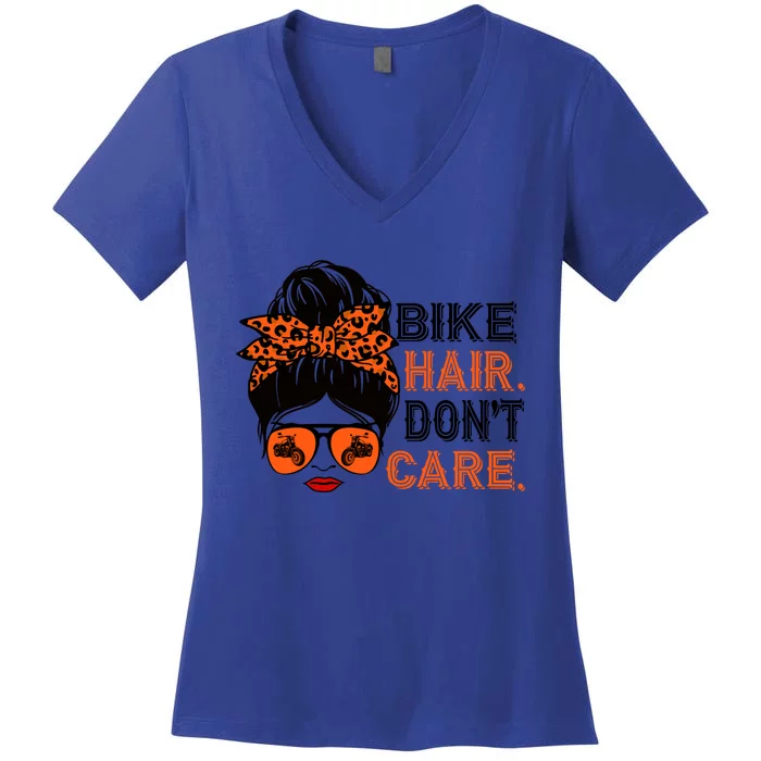 Biker Hair Don't Care For Bike Lovers Messy Bun Mother's Day Gift Women's V-Neck T-Shirt