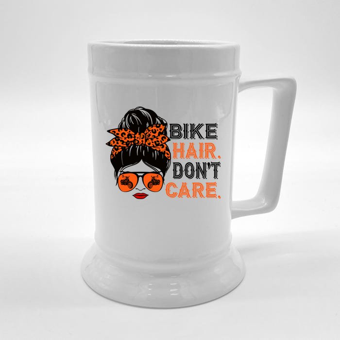 Biker Hair Don't Care For Bike Lovers Messy Bun Mother's Day Gift Front & Back Beer Stein