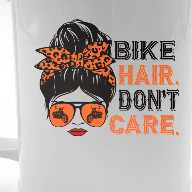 Biker Hair Don't Care For Bike Lovers Messy Bun Mother's Day Gift Front & Back Beer Stein