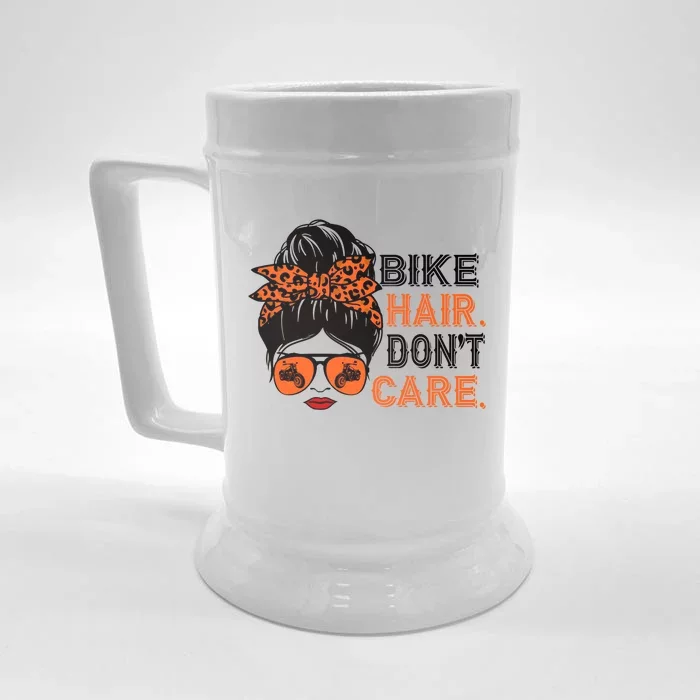 Biker Hair Don't Care For Bike Lovers Messy Bun Mother's Day Gift Front & Back Beer Stein