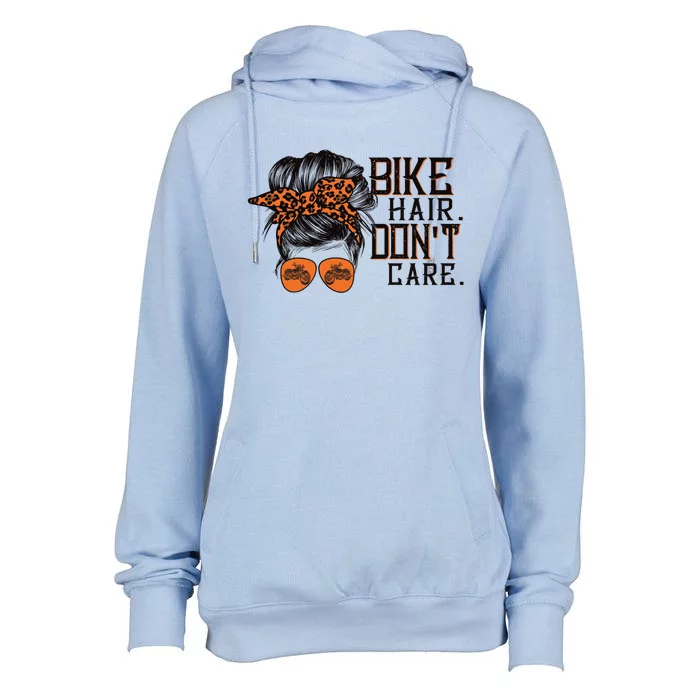 Biker Hair Don't Care Gift For Bike Lovers Messy Bun Gift Womens Funnel Neck Pullover Hood