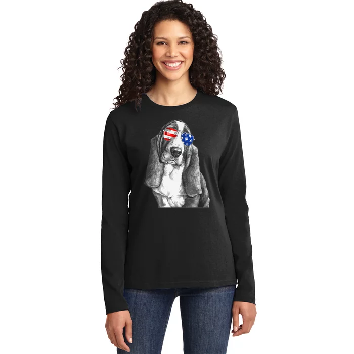 Basset Hound Dog Sunglasses Flag American 4th Of July Funny Ladies Long Sleeve Shirt