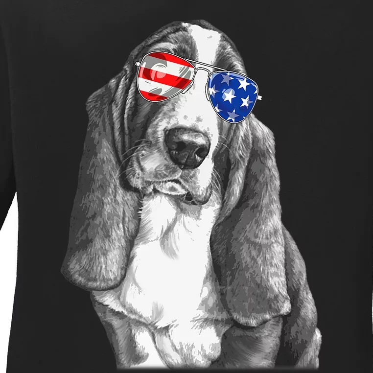 Basset Hound Dog Sunglasses Flag American 4th Of July Funny Ladies Long Sleeve Shirt