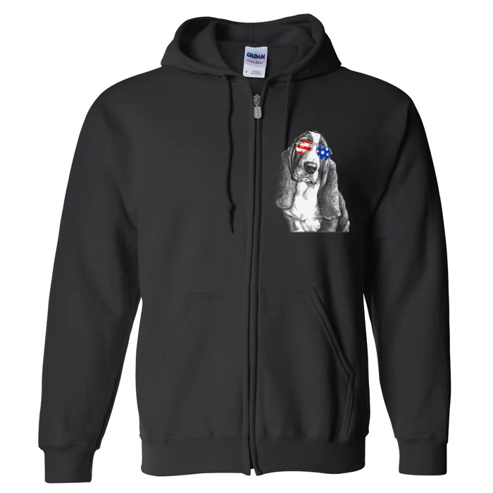 Basset Hound Dog Sunglasses Flag American 4th Of July Funny Full Zip Hoodie