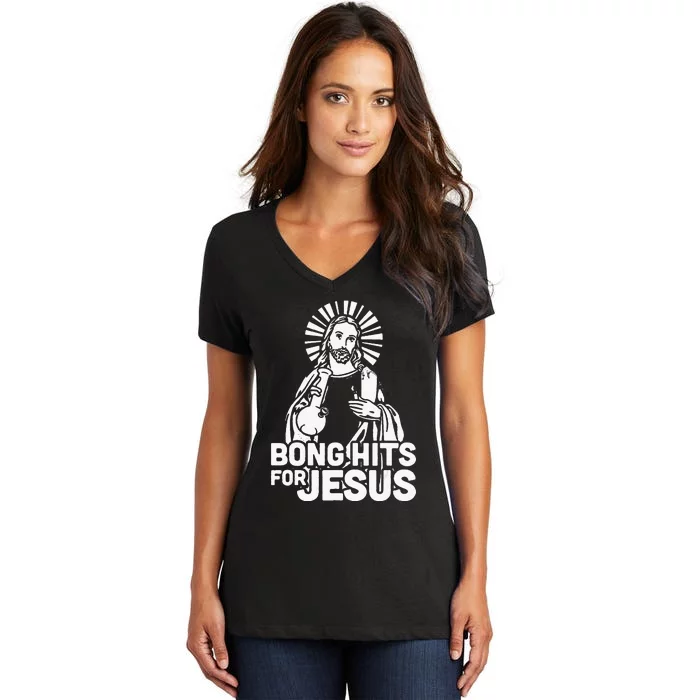 Bong Hits For Jesus christian THC Marijuana Stoner Women's V-Neck T-Shirt