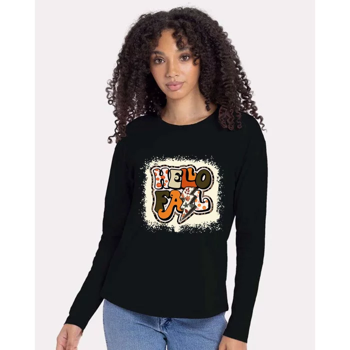 Bleached Hello Fall Autumn Vibes Retro Groovy Womens Cotton Relaxed Long Sleeve T-Shirt