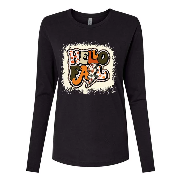 Bleached Hello Fall Autumn Vibes Retro Groovy Womens Cotton Relaxed Long Sleeve T-Shirt