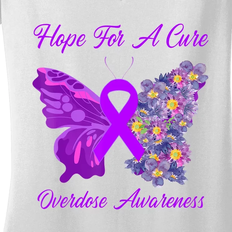 Butterfly Hope For A Cure Ribbon Opioid Overdose Awareness Women's V-Neck T-Shirt