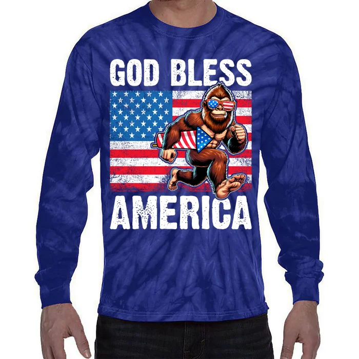 Bigfoot Holding Firework God Bless America Tie-Dye Long Sleeve Shirt