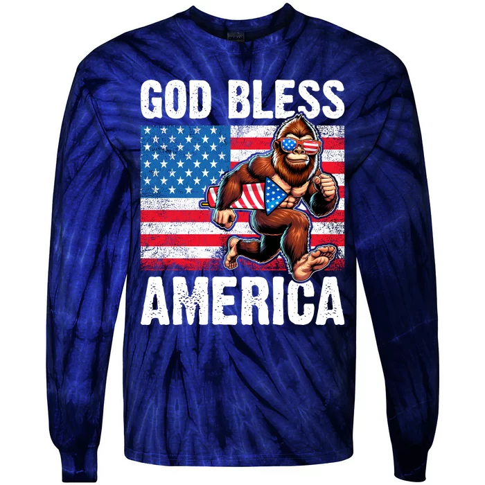 Bigfoot Holding Firework God Bless America Tie-Dye Long Sleeve Shirt