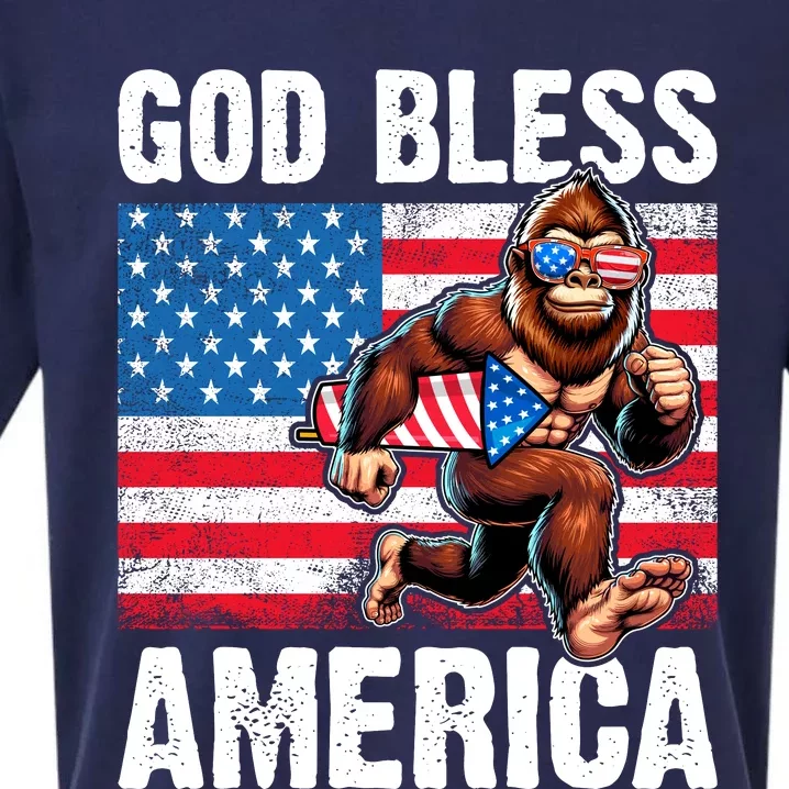 Bigfoot Holding Firework God Bless America Sueded Cloud Jersey T-Shirt