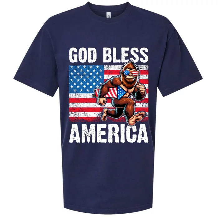 Bigfoot Holding Firework God Bless America Sueded Cloud Jersey T-Shirt