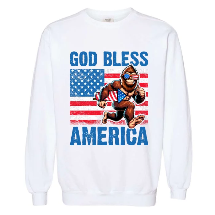 Bigfoot Holding Firework God Bless America Garment-Dyed Sweatshirt