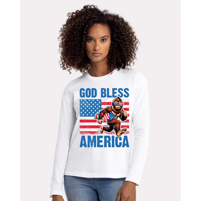 Bigfoot Holding Firework God Bless America Womens Cotton Relaxed Long Sleeve T-Shirt