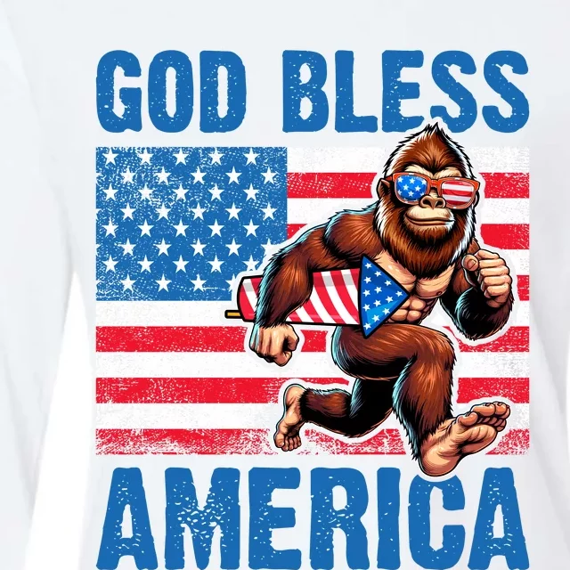 Bigfoot Holding Firework God Bless America Womens Cotton Relaxed Long Sleeve T-Shirt